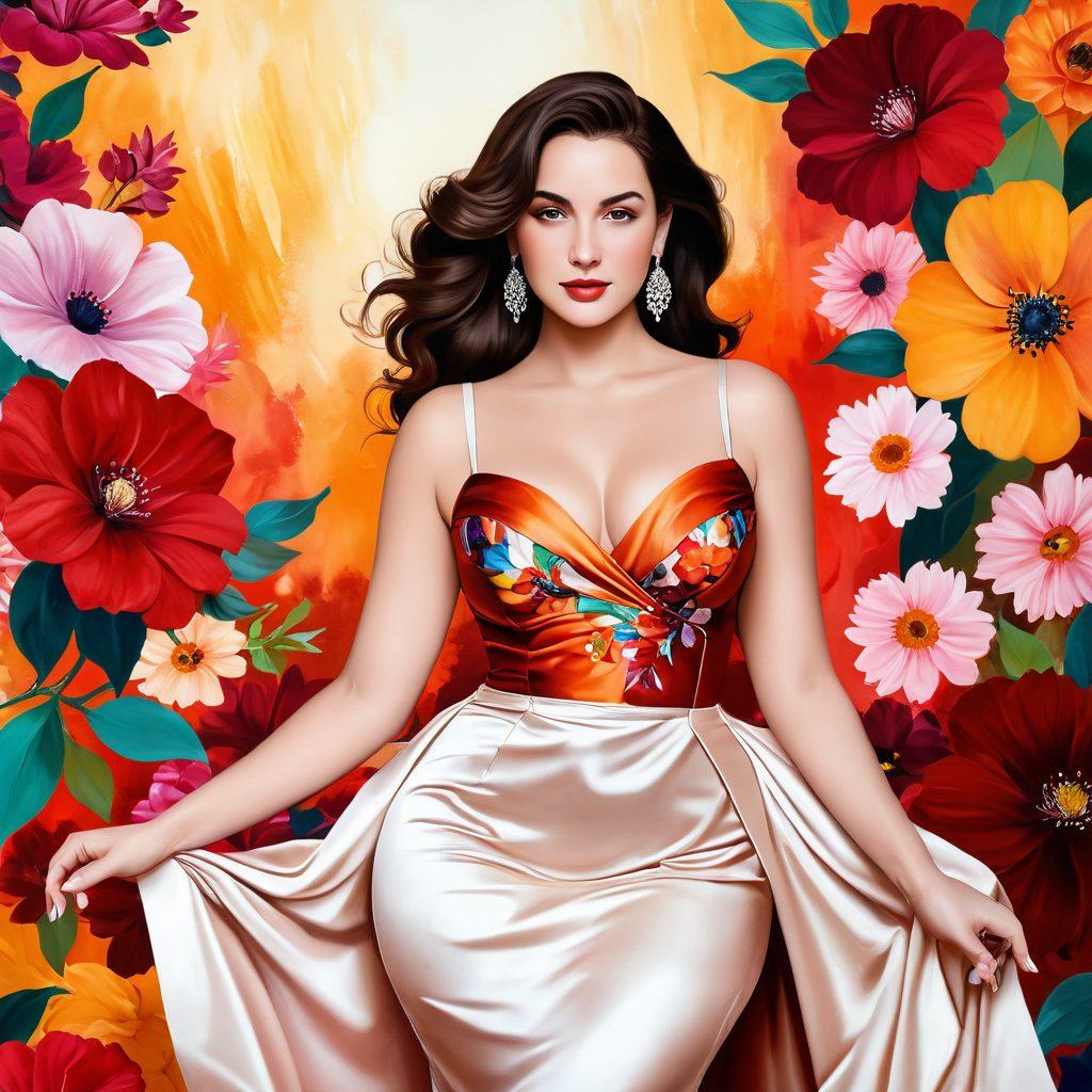 A curvy woman exuding confidence, surrounded by bold flowers and soft fabrics symbolizing sensuality. She wears an elegant gown that accentuates her curves, with radiant skin glowing under soft lighting. The background features warm, inviting colors that evoke passion and desire, creating an intimate atmosphere. Artistic swirls and abstract shapes surround her, enhancing the theme of embracing beauty. elegant painting. warm colors. intimate atmosphere.