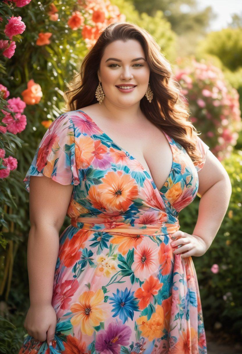 A confident plus-size woman radiating beauty and sensuality, adorned in a colorful, flowing dress that accentuates her curves. She stands in a sunlit garden filled with vibrant flowers, embracing her individuality with a warm smile. Juxtaposed are soft pastel colors in the background and bold floral patterns that celebrate femininity. artistic photography. warm tones. vibrant colors.